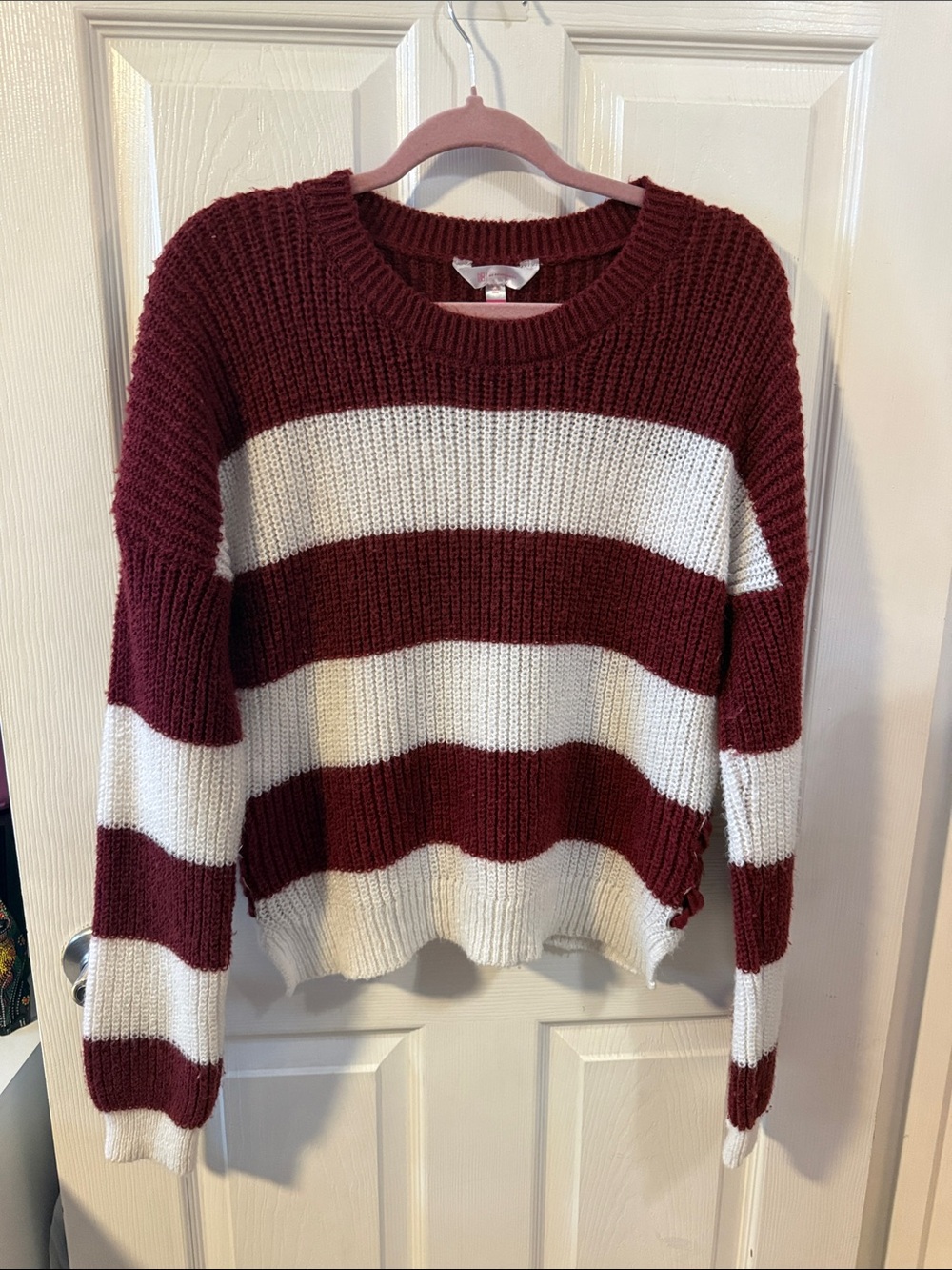 No Boundaries Burgundy and White Striped Crewneck Sweater